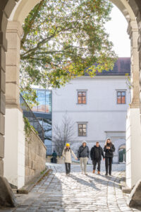 Menschen spazieren durch Linz